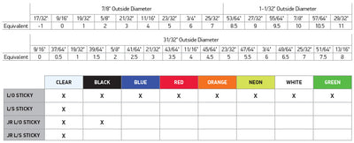 Diagram showing sizes and colors available.