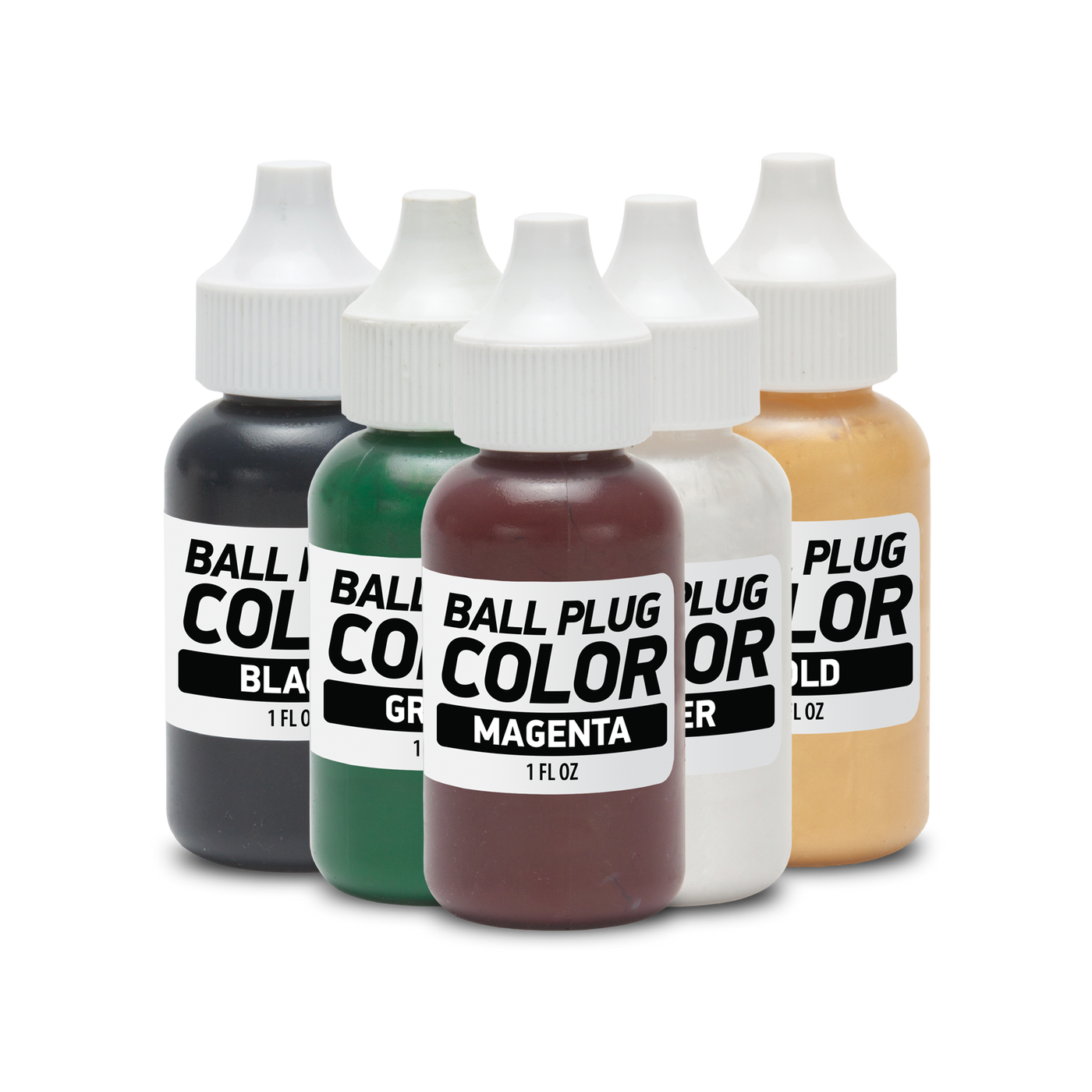 Arrangement of five ball plug color bottles